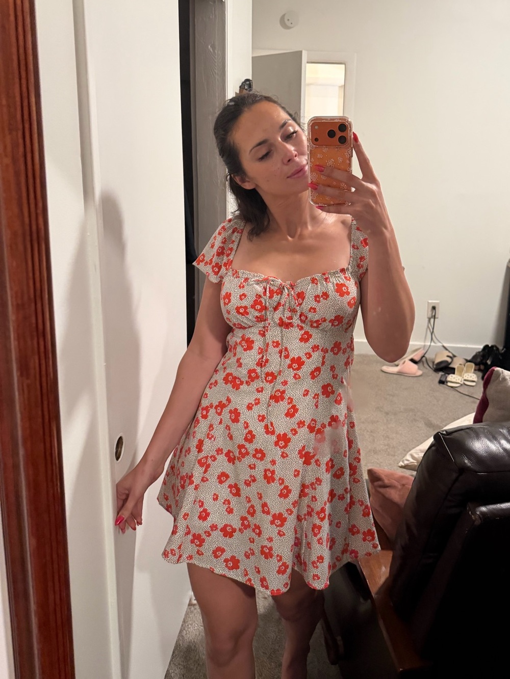 Floral Tie-Front Mini Dress - White with Orange Floral Lush S